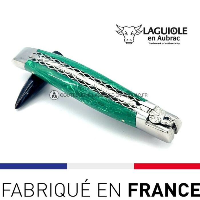 couteau pliant laguiole double platines ciselées manche en pierre de malachite