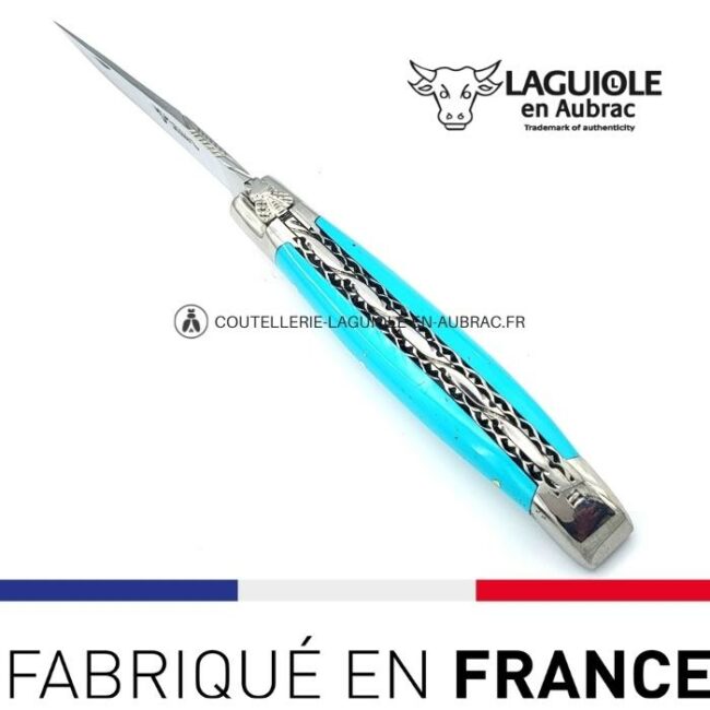 couteau pliant laguiole double platines ciselées manche en pierre de turquoise