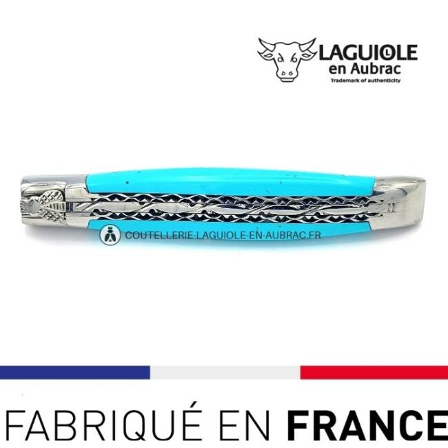 couteau pliant laguiole double platines ciselées manche en pierre de turquoise