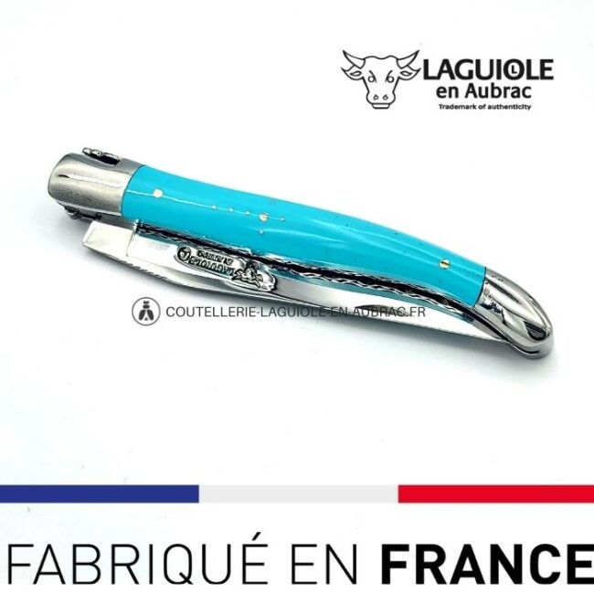 couteau pliant laguiole double platines ciselées manche en pierre de turquoise