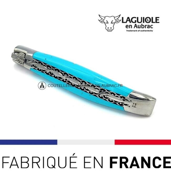couteau pliant laguiole double platines ciselées manche en pierre de turquoise