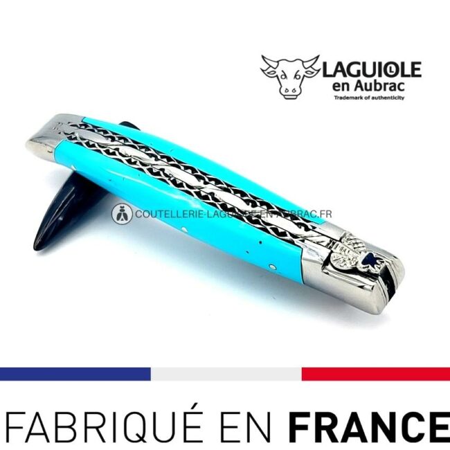 couteau pliant laguiole double platines ciselées manche en pierre de turquoise