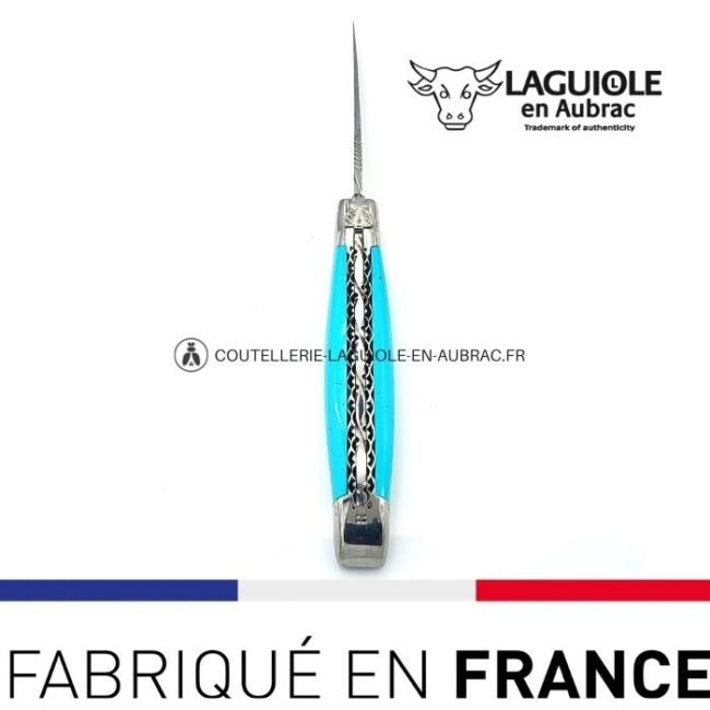 couteau pliant laguiole double platines ciselées manche en pierre de turquoise