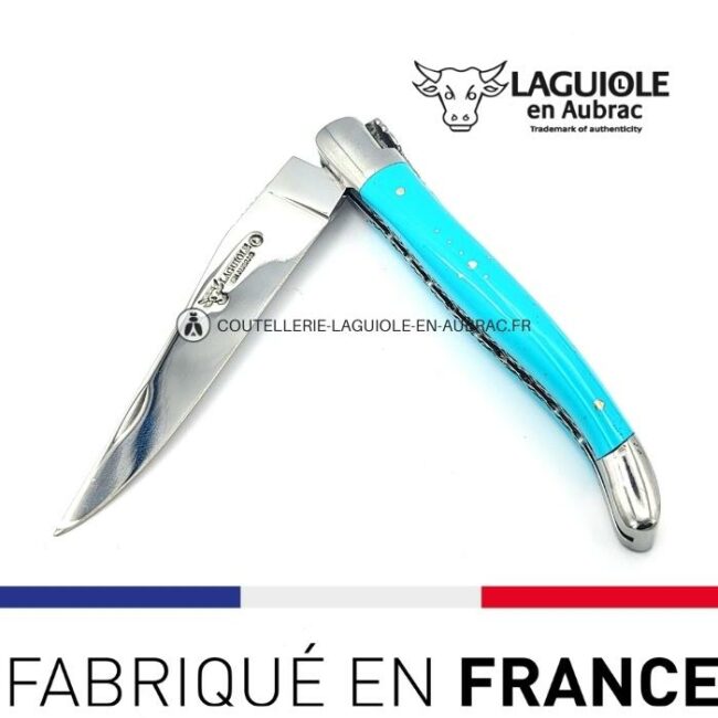 couteau pliant laguiole double platines ciselées manche en pierre de turquoise
