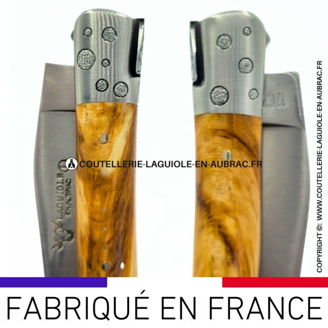 couteau laguiole en hêtre d'aubrac abeille sculptée mitres et ressort gravés