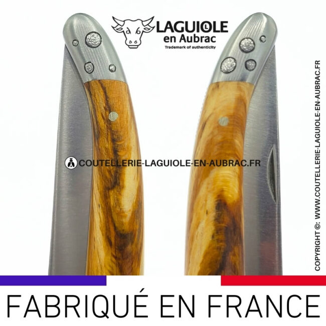 couteau laguiole en hêtre d'aubrac abeille sculptée mitres et ressort gravés