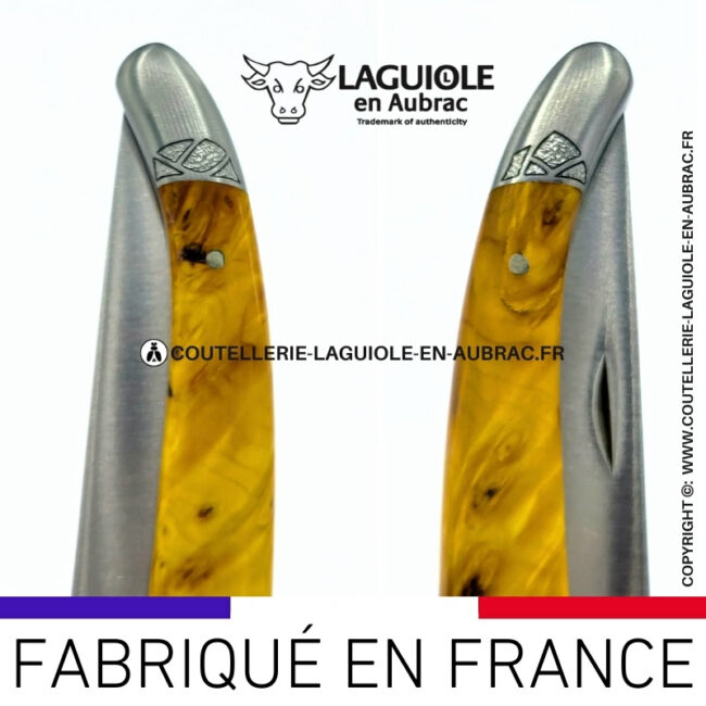 couteau laguiole en loupe de marronnier jaune abeille sculptée mitres et ressort gravés