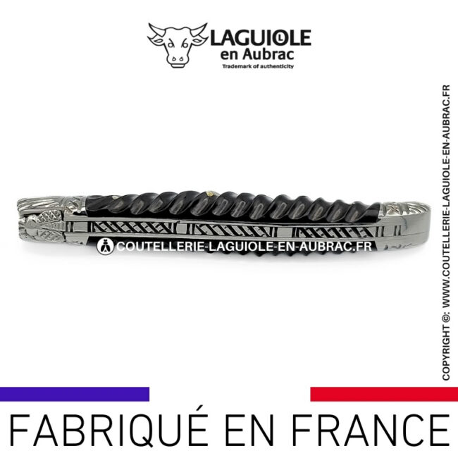 couteau laguiole manche torsadé en Ébène ressort et mitres ciselées