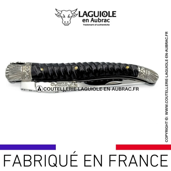 couteau laguiole manche torsadé en Ébène ressort et mitres ciselées