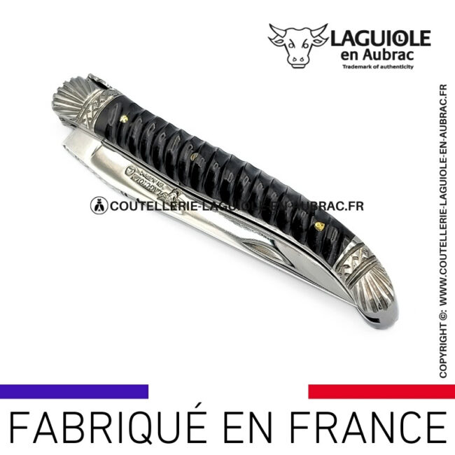 couteau laguiole manche torsadé en Ébène ressort et mitres ciselées