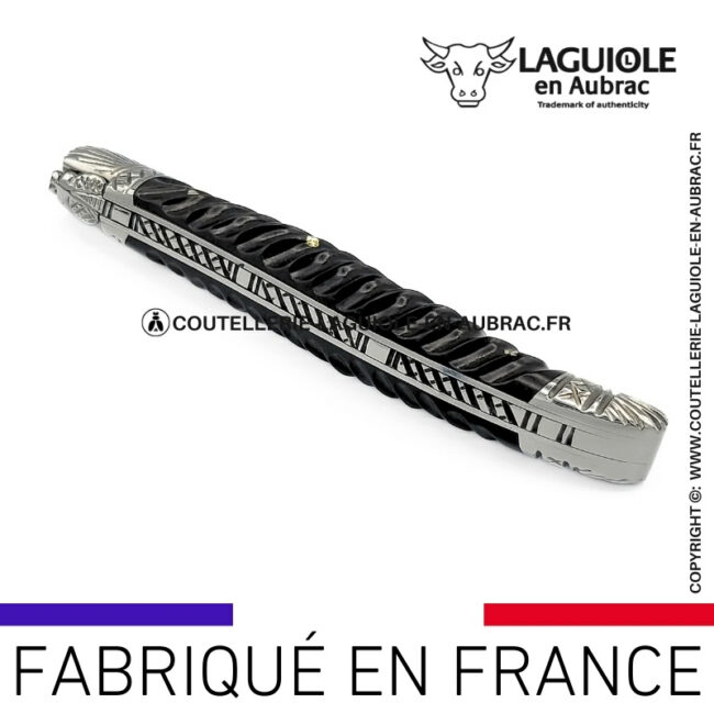 couteau laguiole manche torsadé en Ébène ressort et mitres ciselées