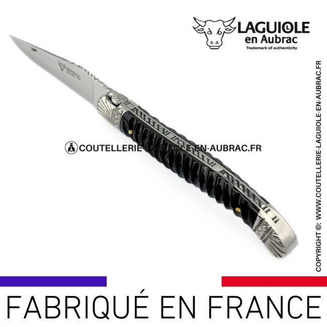 couteau laguiole manche torsadé en Ébène ressort et mitres ciselées