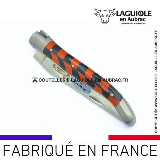couteau laguiole marqueterie damier Ébène et red heart