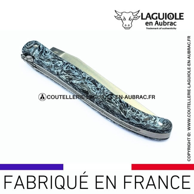 couteau laguiole plein manche en fibre de carbone marbré