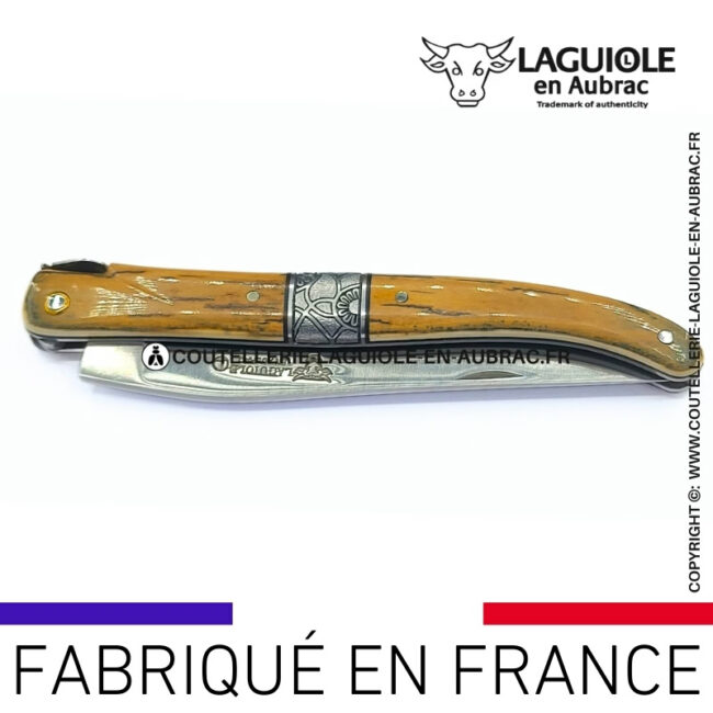 couteau laguiole plein manche mitre centrale croûte d'ivoire de mammouth
