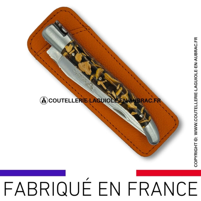 etui cuir grainé orange pour couteau pliant laguiole