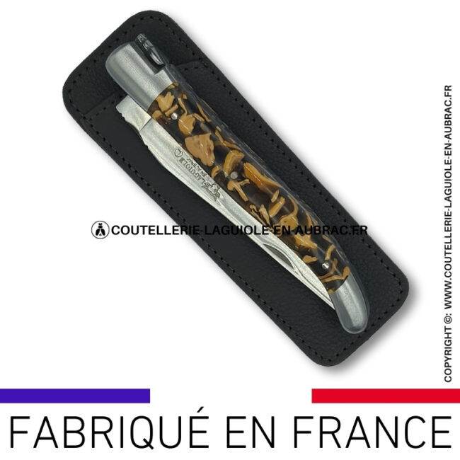 etui en cuir grainé noir cacao pour couteau pliant laguiole
