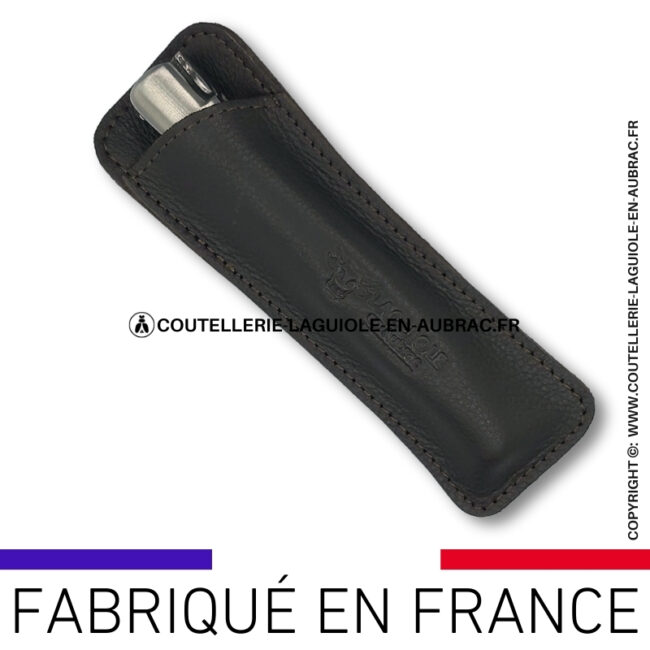 etui en cuir grainé noir cacao pour couteau pliant laguiole