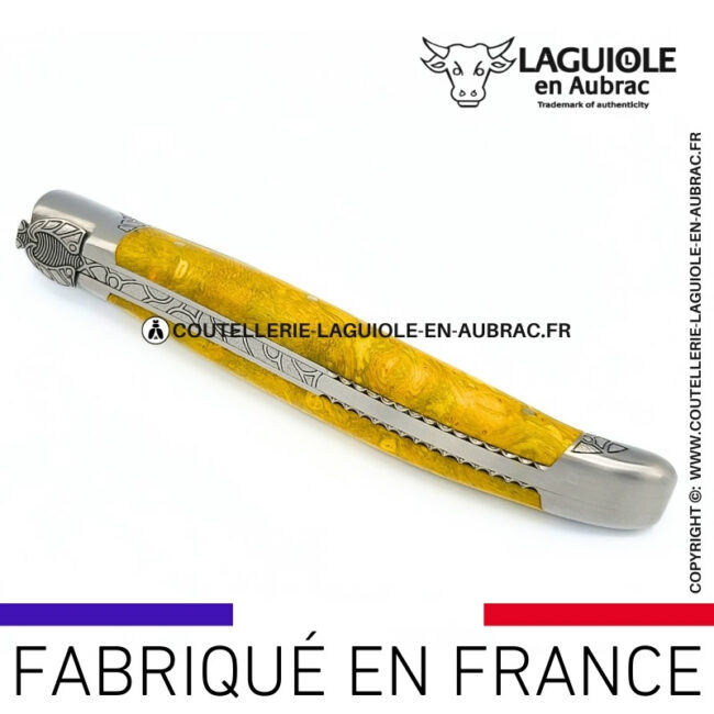 cœur de forêt: couteau laguiole en bois cheesewood abeille sculptée mitres et ressort gravés