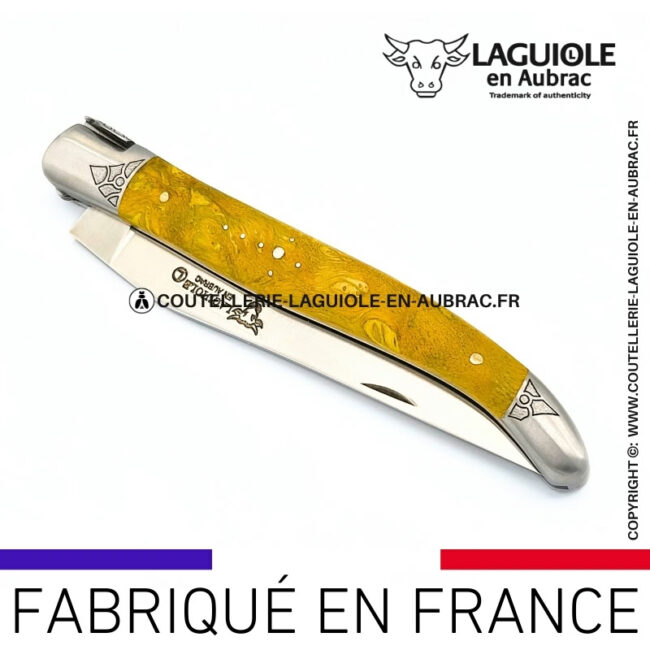 cœur de forêt: couteau laguiole en bois cheesewood abeille sculptée mitres et ressort gravés