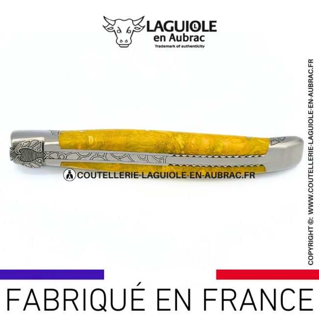 cœur de forêt: couteau laguiole en bois cheesewood abeille sculptée mitres et ressort gravés