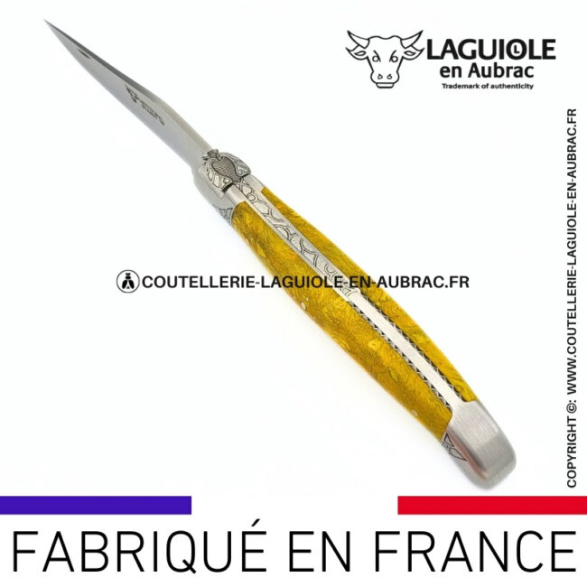 cœur de forêt: couteau laguiole en bois cheesewood abeille sculptée mitres et ressort gravés