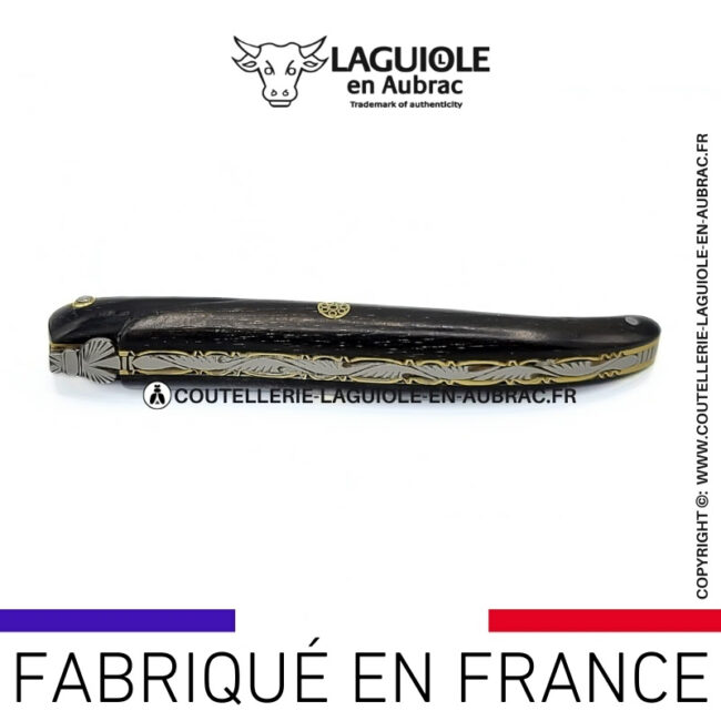couteau laguiole plein manche en Ébène platines en laiton guillochées