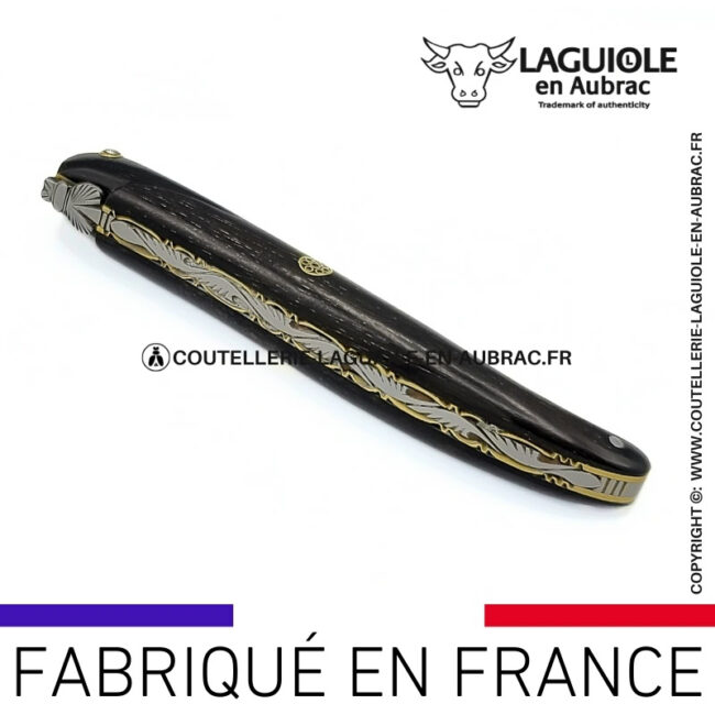 couteau laguiole plein manche en Ébène platines en laiton guillochées