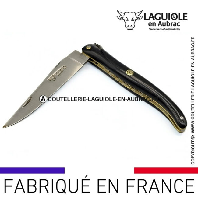 couteau laguiole plein manche en Ébène platines en laiton guillochées