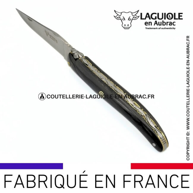 couteau laguiole plein manche en Ébène platines en laiton guillochées