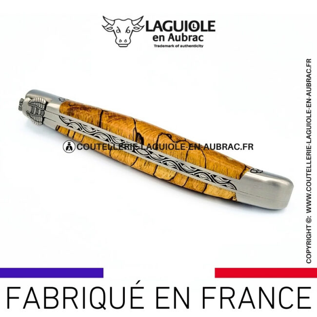 florilège d'aubrac: couteau laguiole en hêtre d'aubrac abeille sculptée mitres et ressort gravés