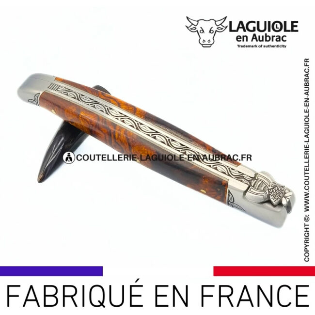 l'âme végétale: couteau laguiole en loupe de bois de fer abeille sculptée mitres et ressort gravés