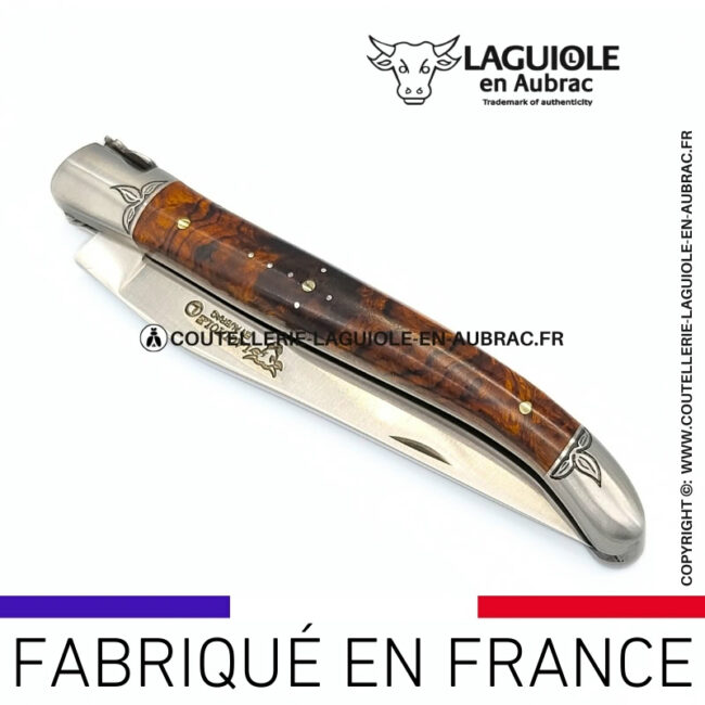 l'âme végétale: couteau laguiole en loupe de bois de fer abeille sculptée mitres et ressort gravés