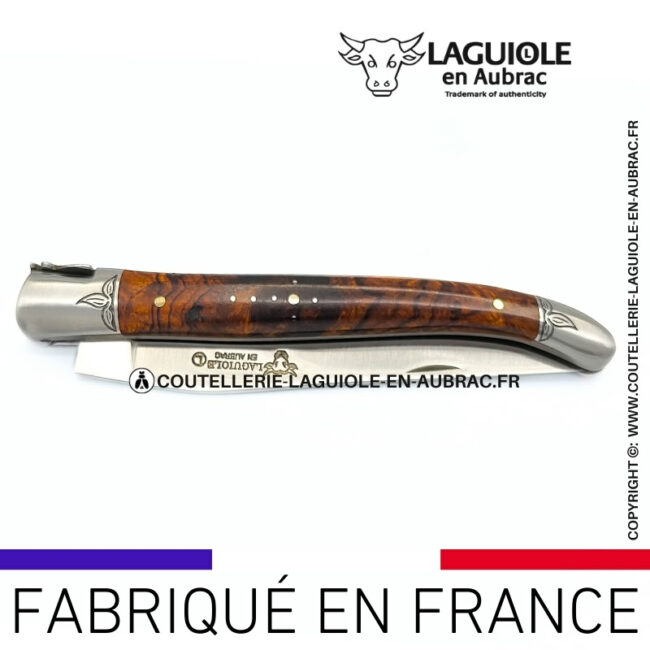 l'âme végétale: couteau laguiole en loupe de bois de fer abeille sculptée mitres et ressort gravés