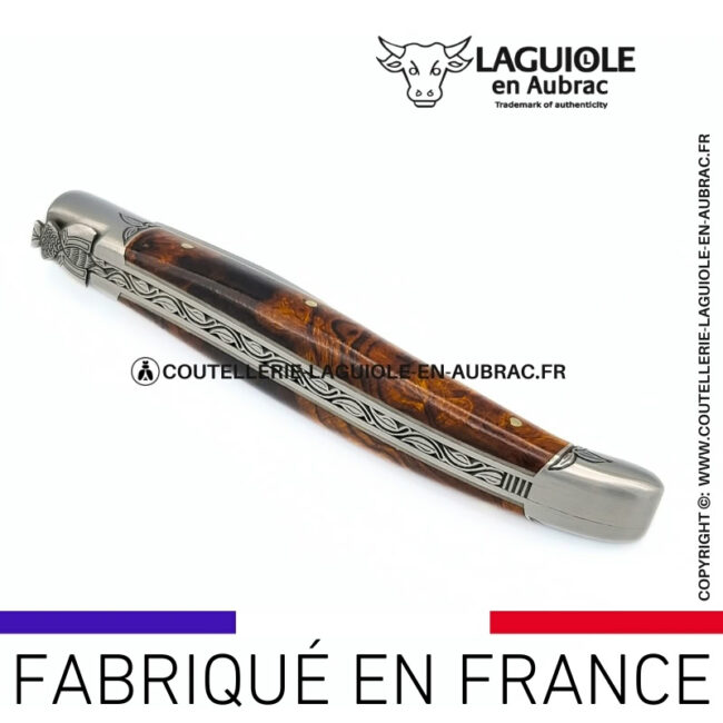 l'âme végétale: couteau laguiole en loupe de bois de fer abeille sculptée mitres et ressort gravés