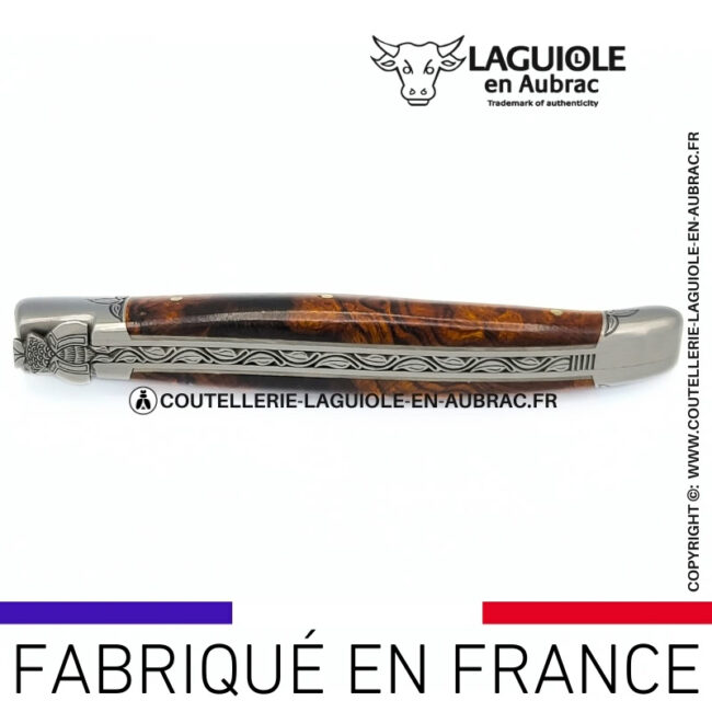 l'âme végétale: couteau laguiole en loupe de bois de fer abeille sculptée mitres et ressort gravés