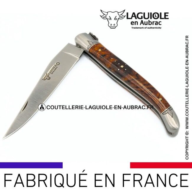 l'âme végétale: couteau laguiole en loupe de bois de fer abeille sculptée mitres et ressort gravés