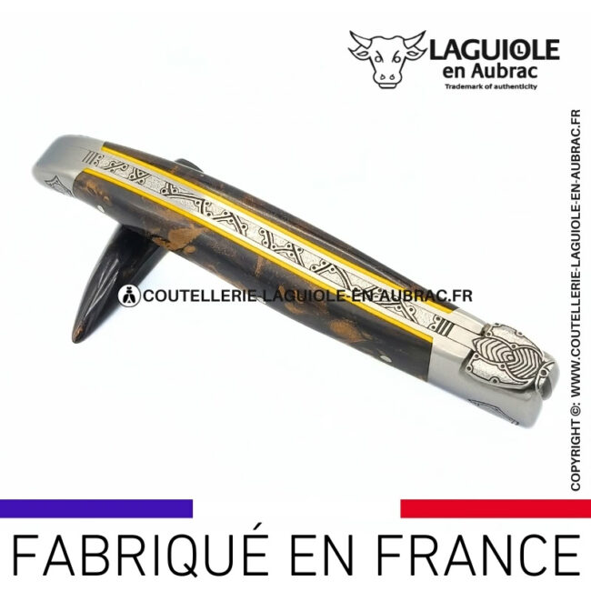 lueur Électrique: couteau laguiole en loupe de laurel abeille sculptée mitres et ressort gravés