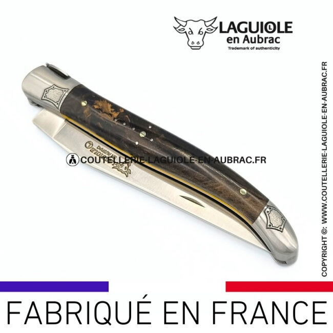 lueur Électrique: couteau laguiole en loupe de laurel abeille sculptée mitres et ressort gravés