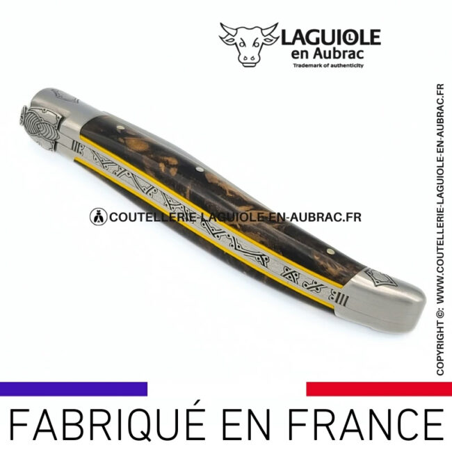 lueur Électrique: couteau laguiole en loupe de laurel abeille sculptée mitres et ressort gravés