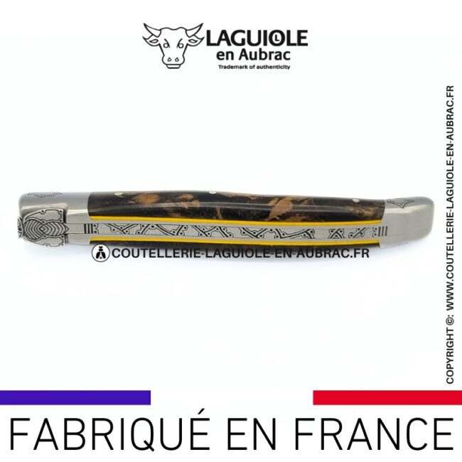 lueur Électrique: couteau laguiole en loupe de laurel abeille sculptée mitres et ressort gravés