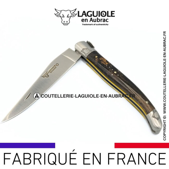 lueur Électrique: couteau laguiole en loupe de laurel abeille sculptée mitres et ressort gravés