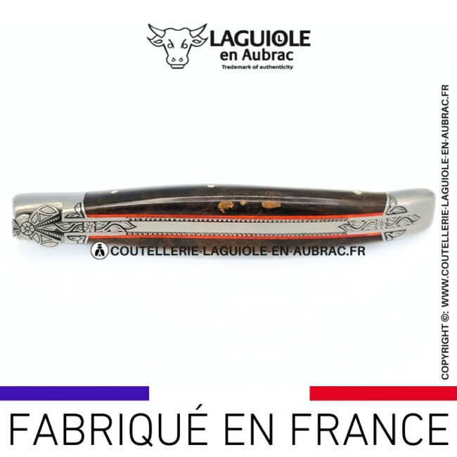 songe Écarlate: couteau laguiole en loupe de laurel abeille sculptée mitres et ressort gravés