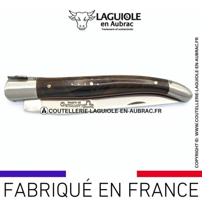 songe Écarlate: couteau laguiole en loupe de laurel abeille sculptée mitres et ressort gravés