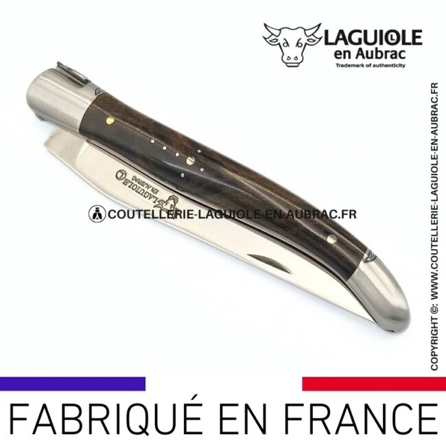 songe Écarlate: couteau laguiole en loupe de laurel abeille sculptée mitres et ressort gravés