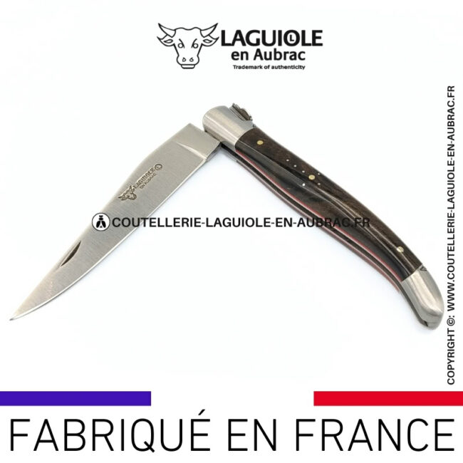 songe Écarlate: couteau laguiole en loupe de laurel abeille sculptée mitres et ressort gravés