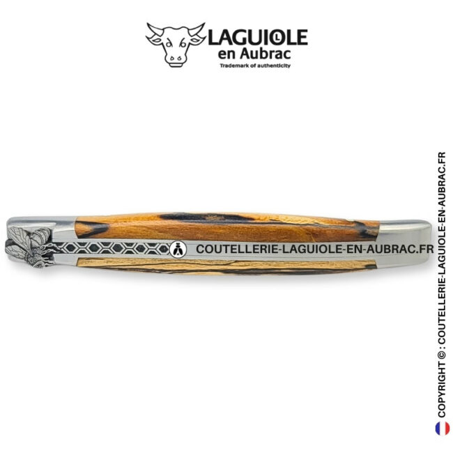 abeille architecte : couteau laguiole en bois d'aubrac – abeille sculptée – ressort alvéolé