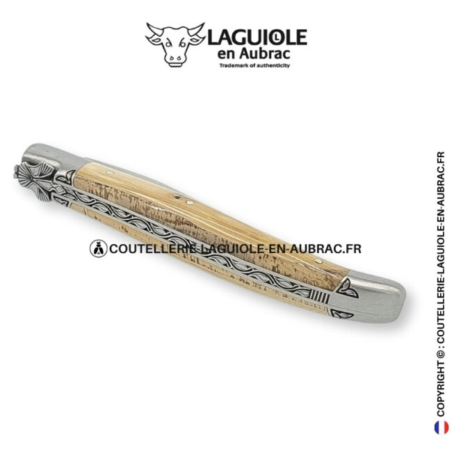 ailes d'ivoire : couteau laguiole en ivoire fossile de mammouth marron – abeille moderne – mitres gravées