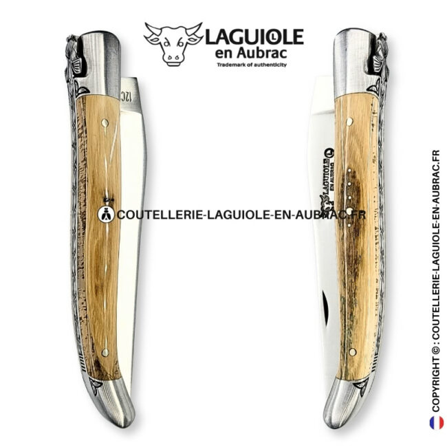 ailes d'ivoire : couteau laguiole en ivoire fossile de mammouth marron – abeille moderne – mitres gravées