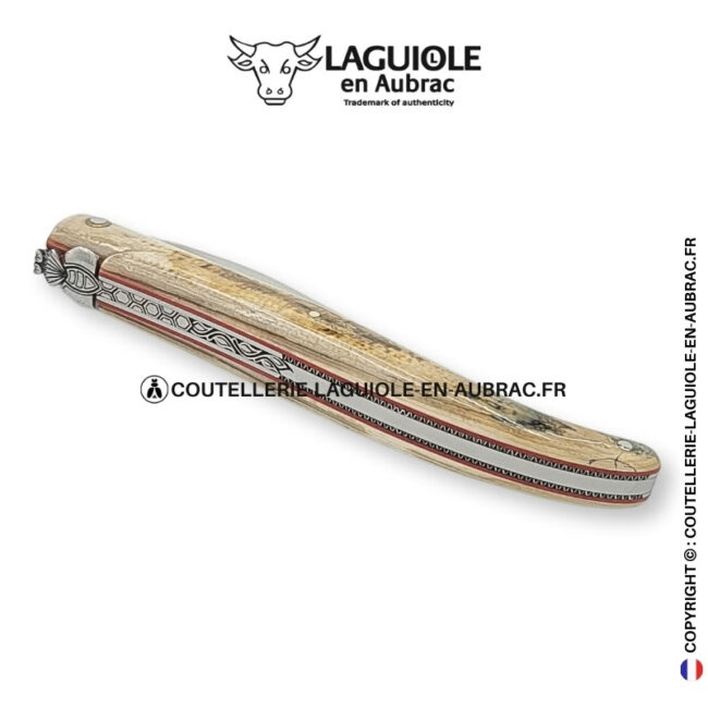 Écho des Âges : couteau laguiole plein manche en ivoire fossile de mammouth – abeille et platines ciselées